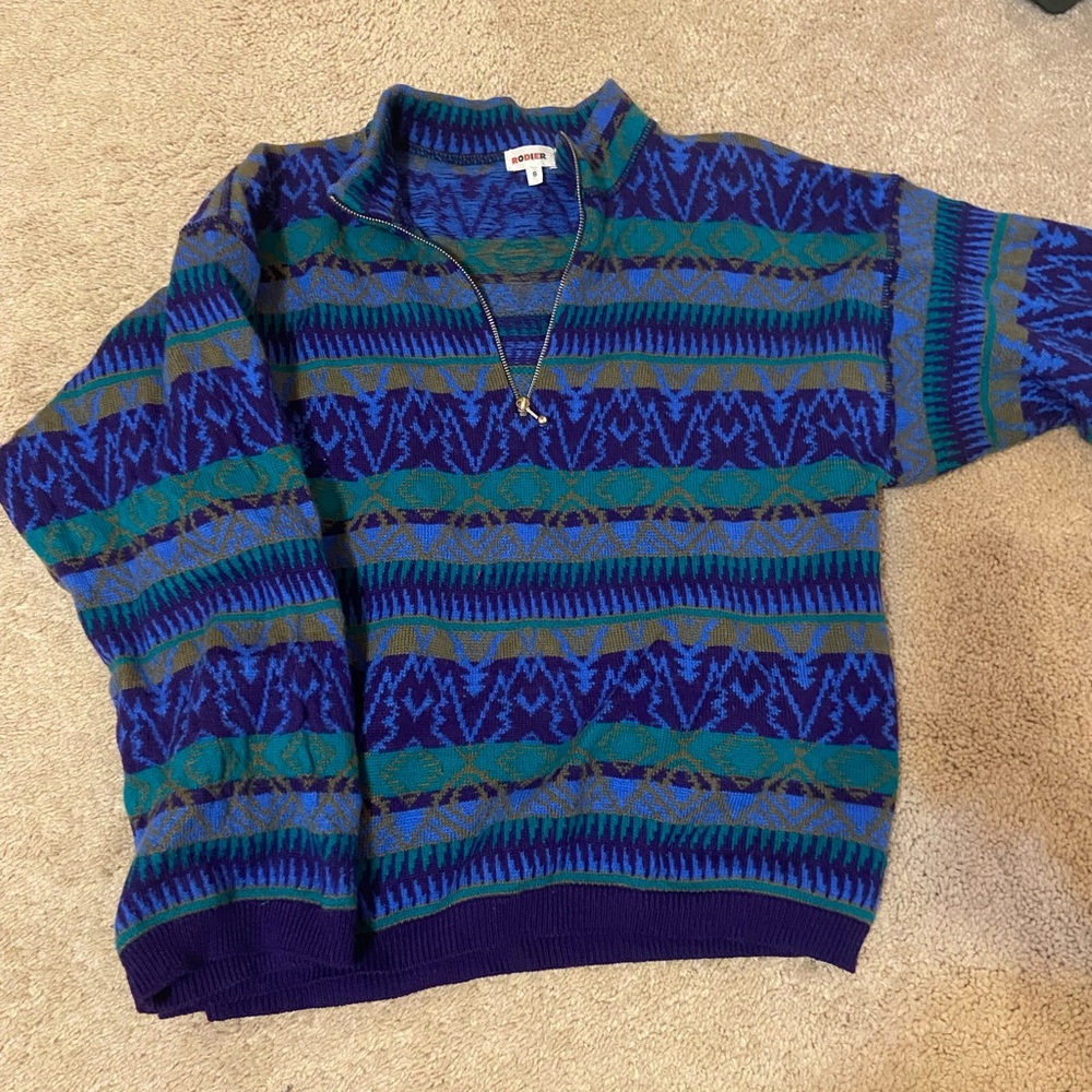RODIER women's Blue and Green Zip Up Sweater 100% wool!!!